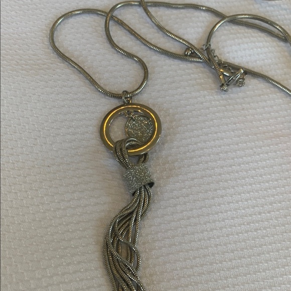 Long Silver Tone Statement Necklace with Sparkle and Chain Tassel - Picture 3 of 8